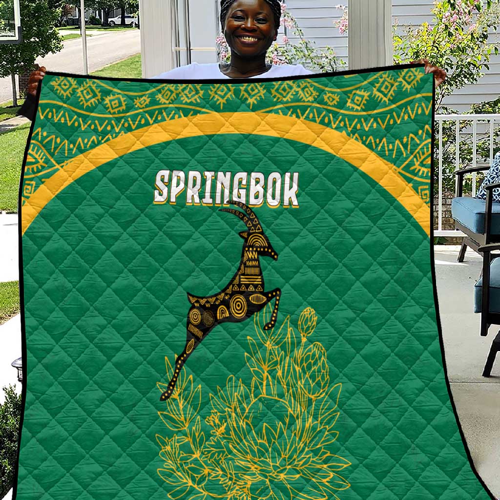 South Africa Springboks Quilt with Tribal Antelope Design and Floral Accents