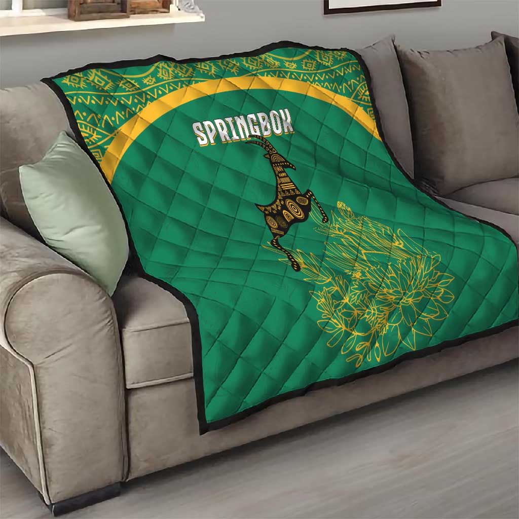 South Africa Springboks Quilt with Tribal Antelope Design and Floral Accents