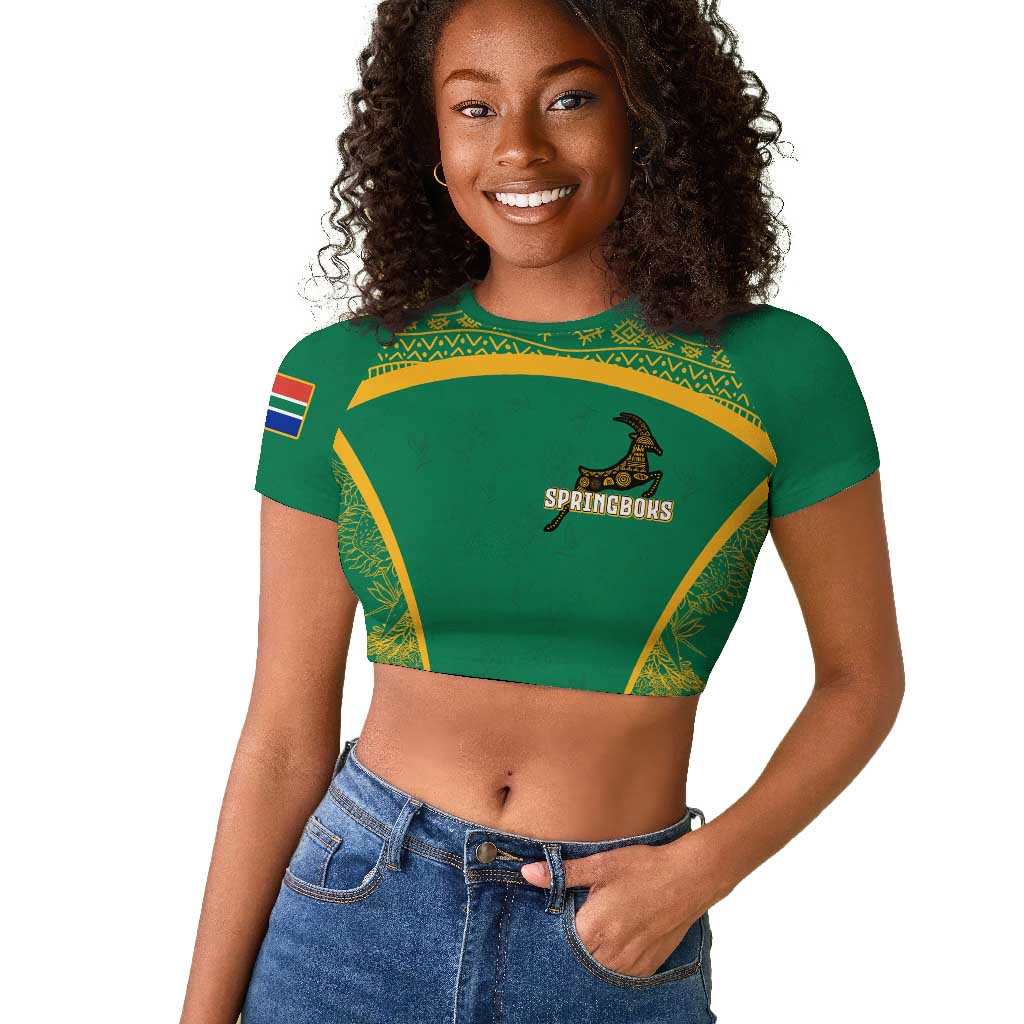 South Africa Springboks Raglan Cropped T shirt with Tribal Antelope Design and Floral Accents