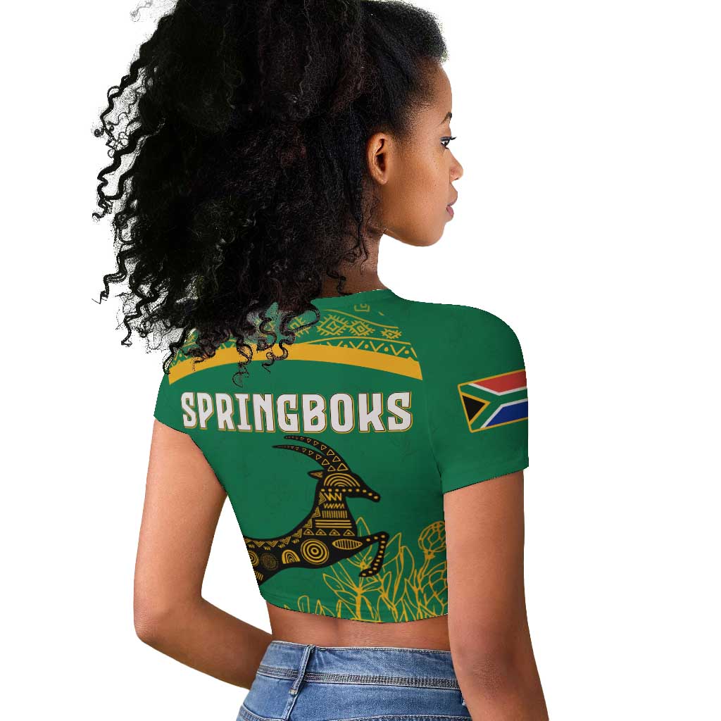 South Africa Springboks Raglan Cropped T shirt with Tribal Antelope Design and Floral Accents
