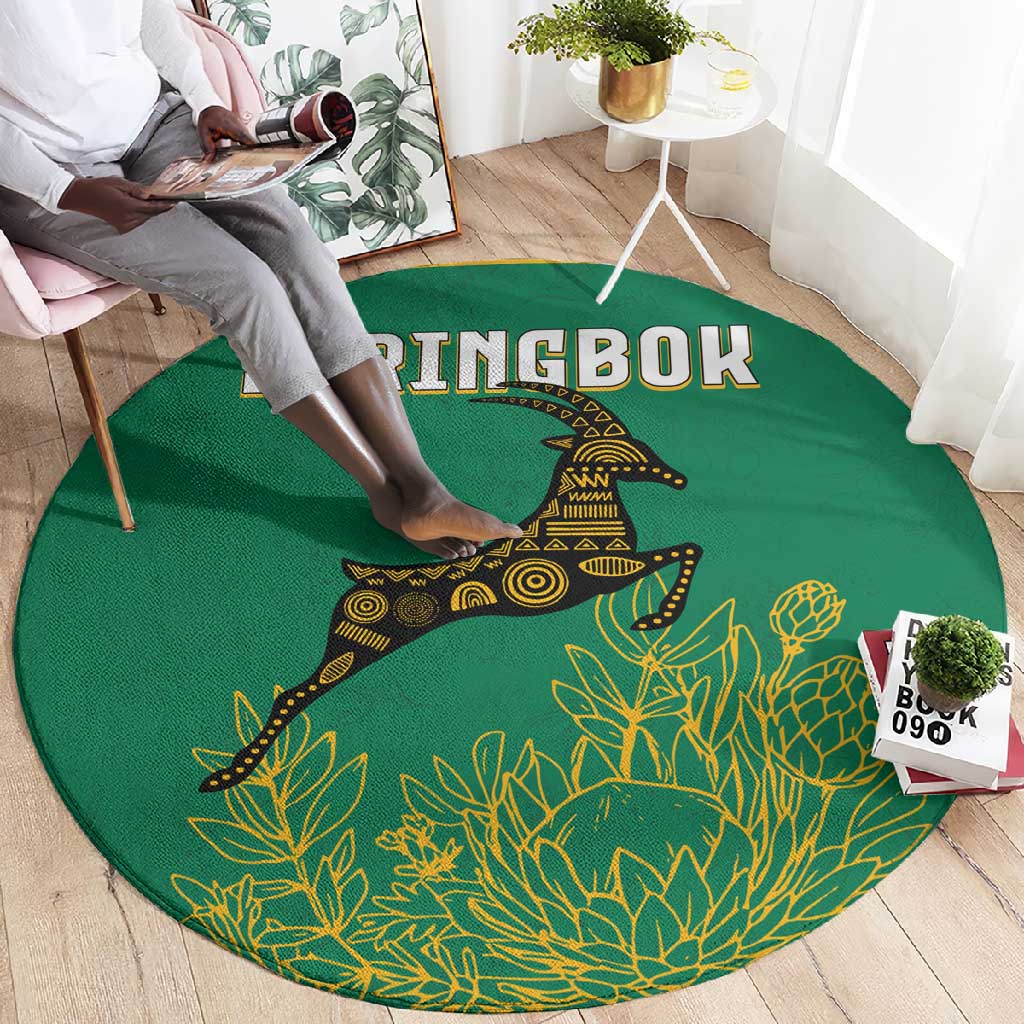 South Africa Springboks Round Carpet with Tribal Antelope Design and Floral Accents