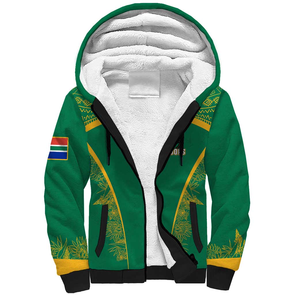 South Africa Springboks Sherpa Hoodie with Tribal Antelope Design and Floral Accents