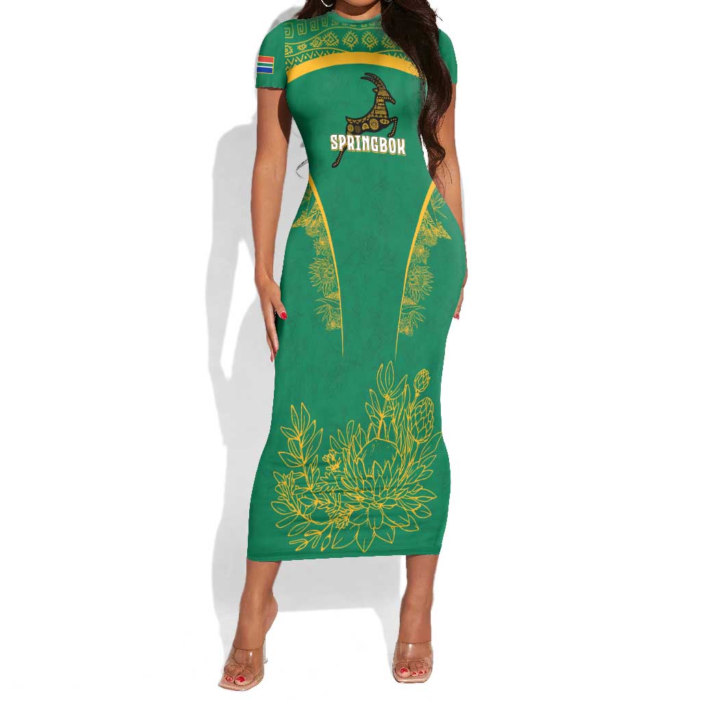 South Africa Springboks Short Sleeve Bodycon Dress with Tribal Antelope Design and Floral Accents