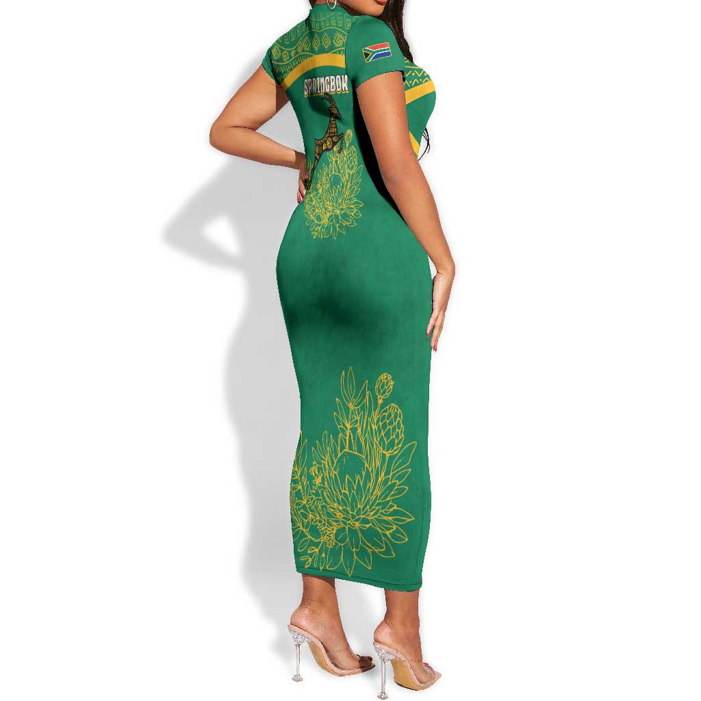 South Africa Springboks Short Sleeve Bodycon Dress with Tribal Antelope Design and Floral Accents