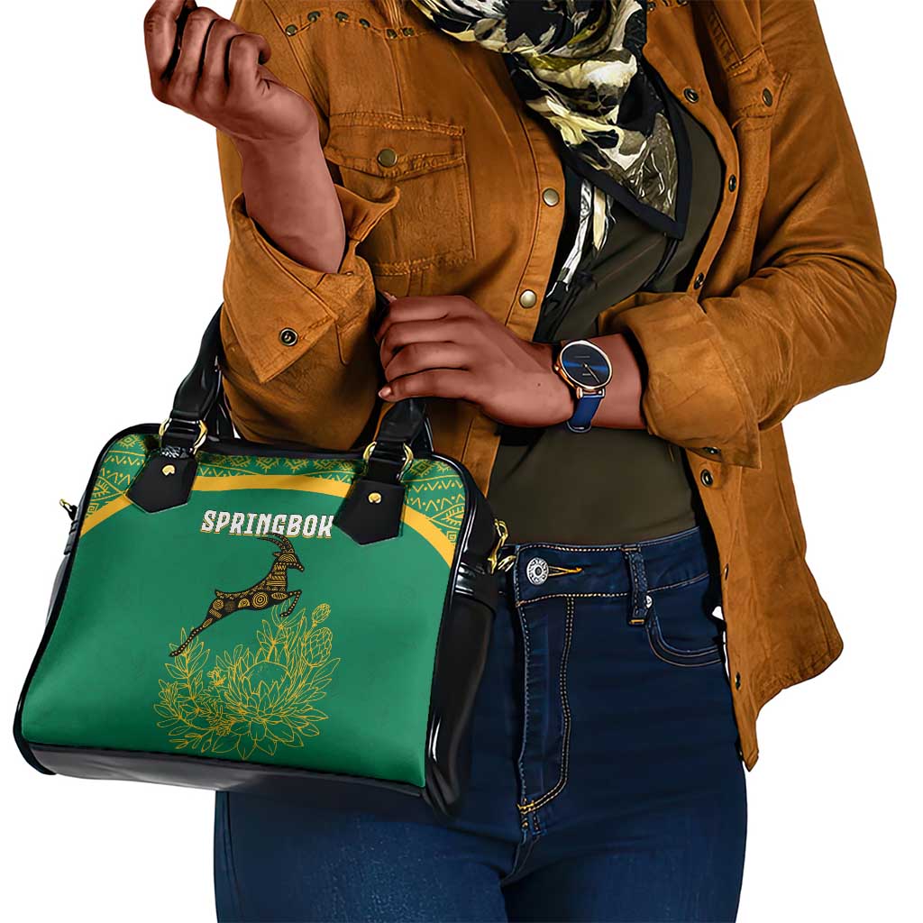 South Africa Springboks Shoulder Handbag with Tribal Antelope Design and Floral Accents