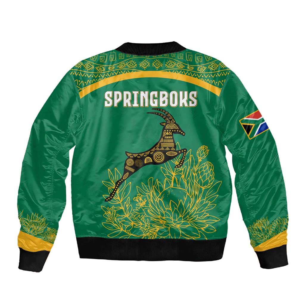 South Africa Springboks Sleeve Zip Bomber Jacket with Tribal Antelope Design and Floral Accents