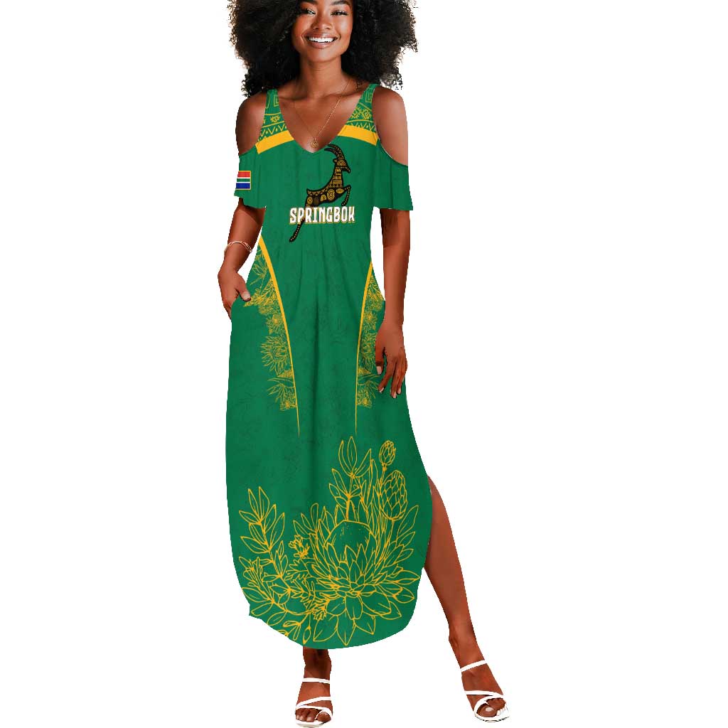 South Africa Springboks Summer Maxi Dress with Tribal Antelope Design and Floral Accents