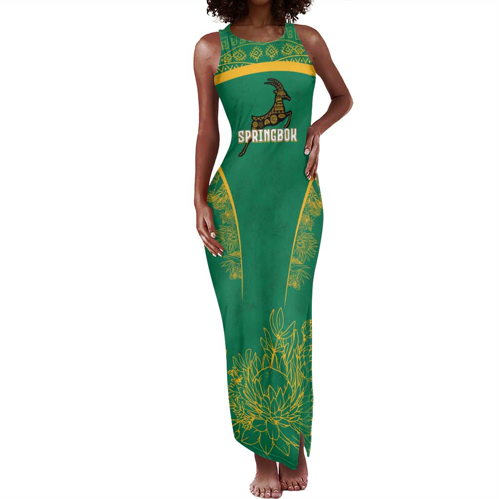 South Africa Springboks Tank Maxi Dress with Tribal Antelope Design and Floral Accents