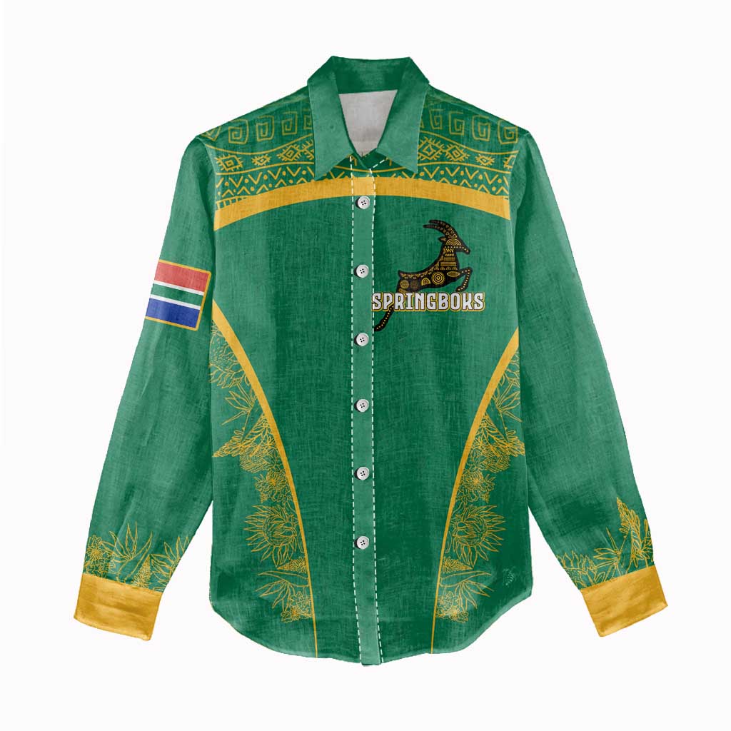 South Africa Springboks Women Casual Shirt with Tribal Antelope Design and Floral Accents