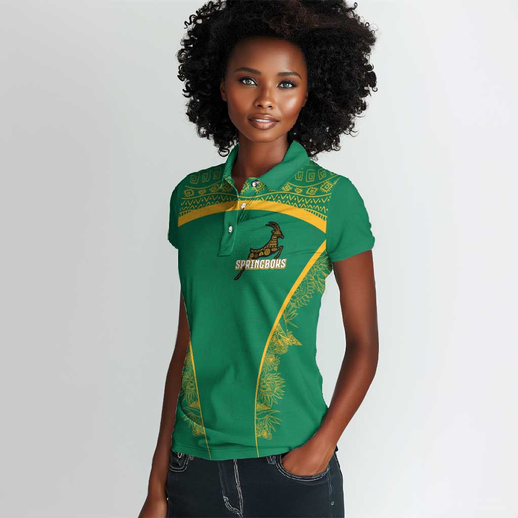 South Africa Springboks Women Polo Shirt with Tribal Antelope Design and Floral Accents