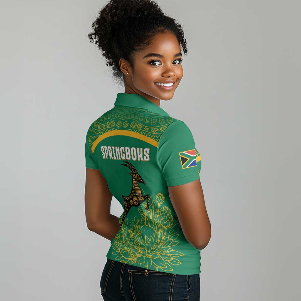 South Africa Springboks Women Polo Shirt with Tribal Antelope Design and Floral Accents