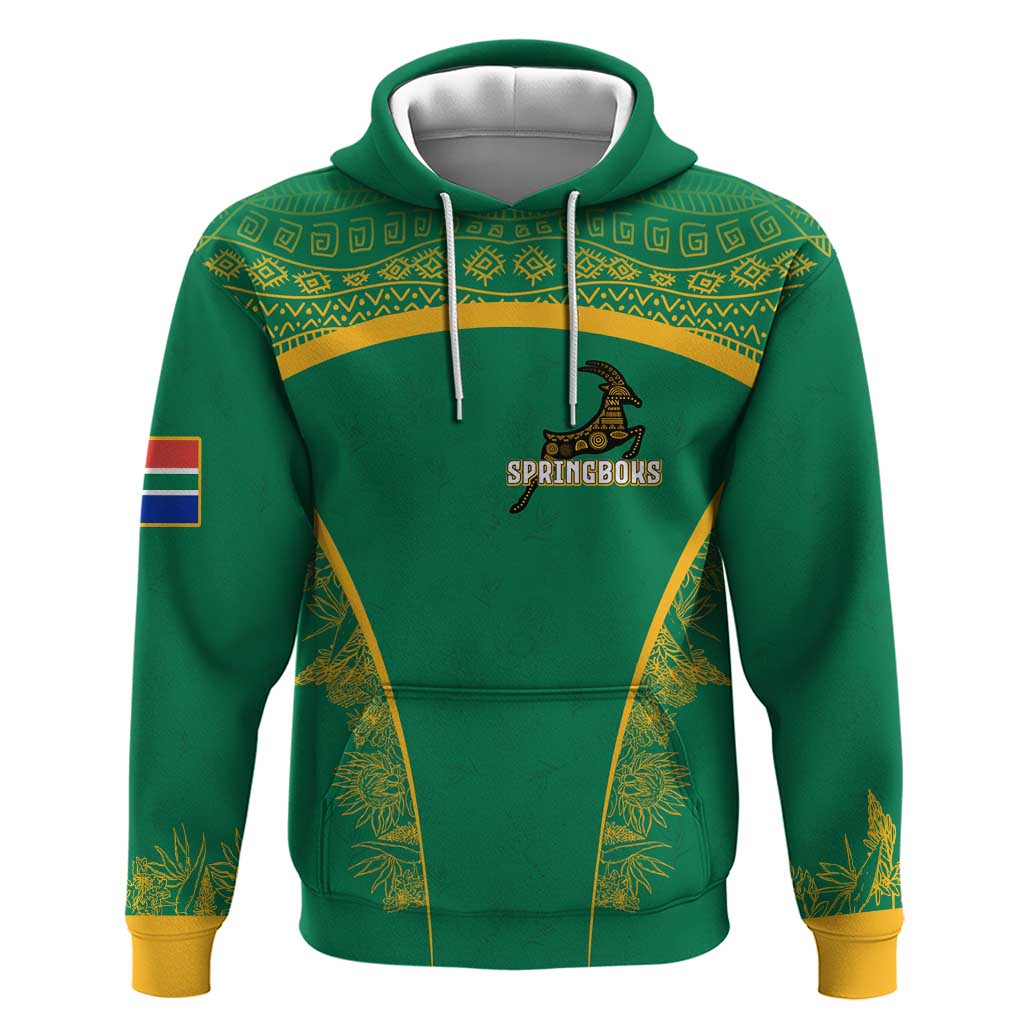 South Africa Springboks Zip Hoodie with Tribal Antelope Design and Floral Accents