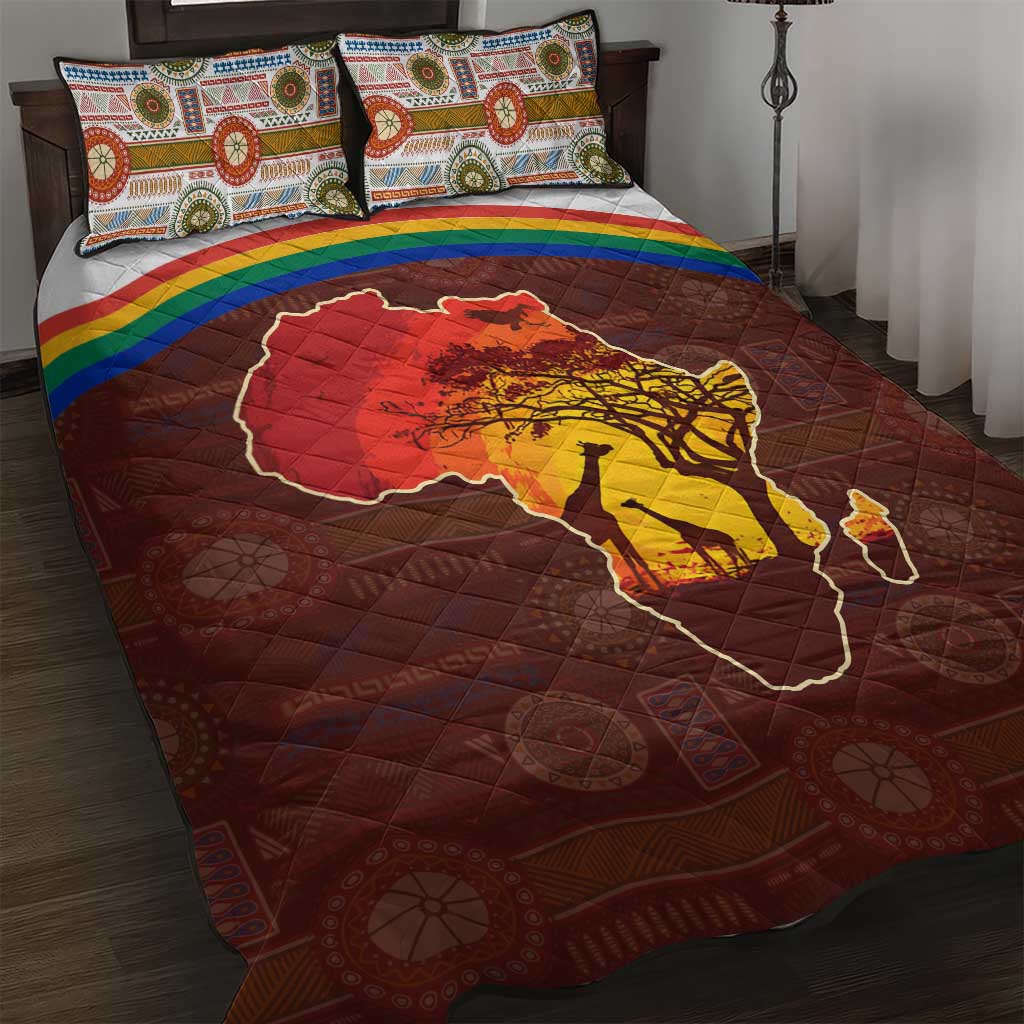 African Sunset Quilt Bed Set Tribal Pattern Continent Silhouette - Rainbow Arc Safari Scene