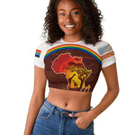 African Sunset Raglan Cropped T shirt Tribal Pattern Continent Silhouette - Rainbow Arc Safari Scene