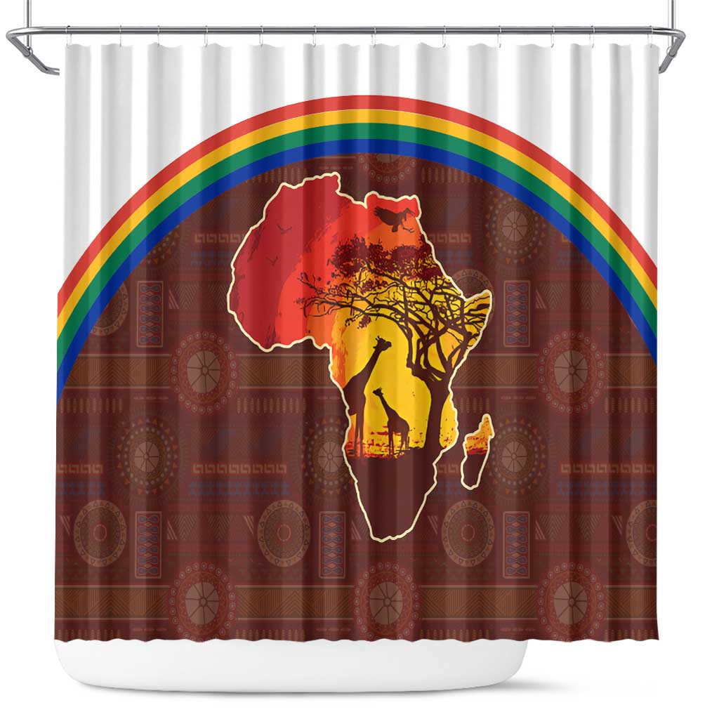 African Sunset Shower Curtain Tribal Pattern Continent Silhouette - Rainbow Arc Safari Scene
