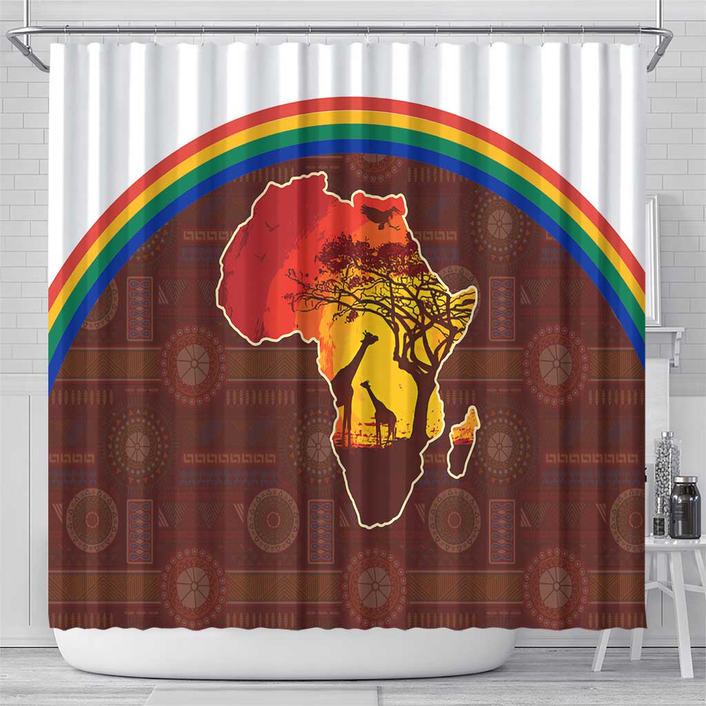 African Sunset Shower Curtain Tribal Pattern Continent Silhouette - Rainbow Arc Safari Scene