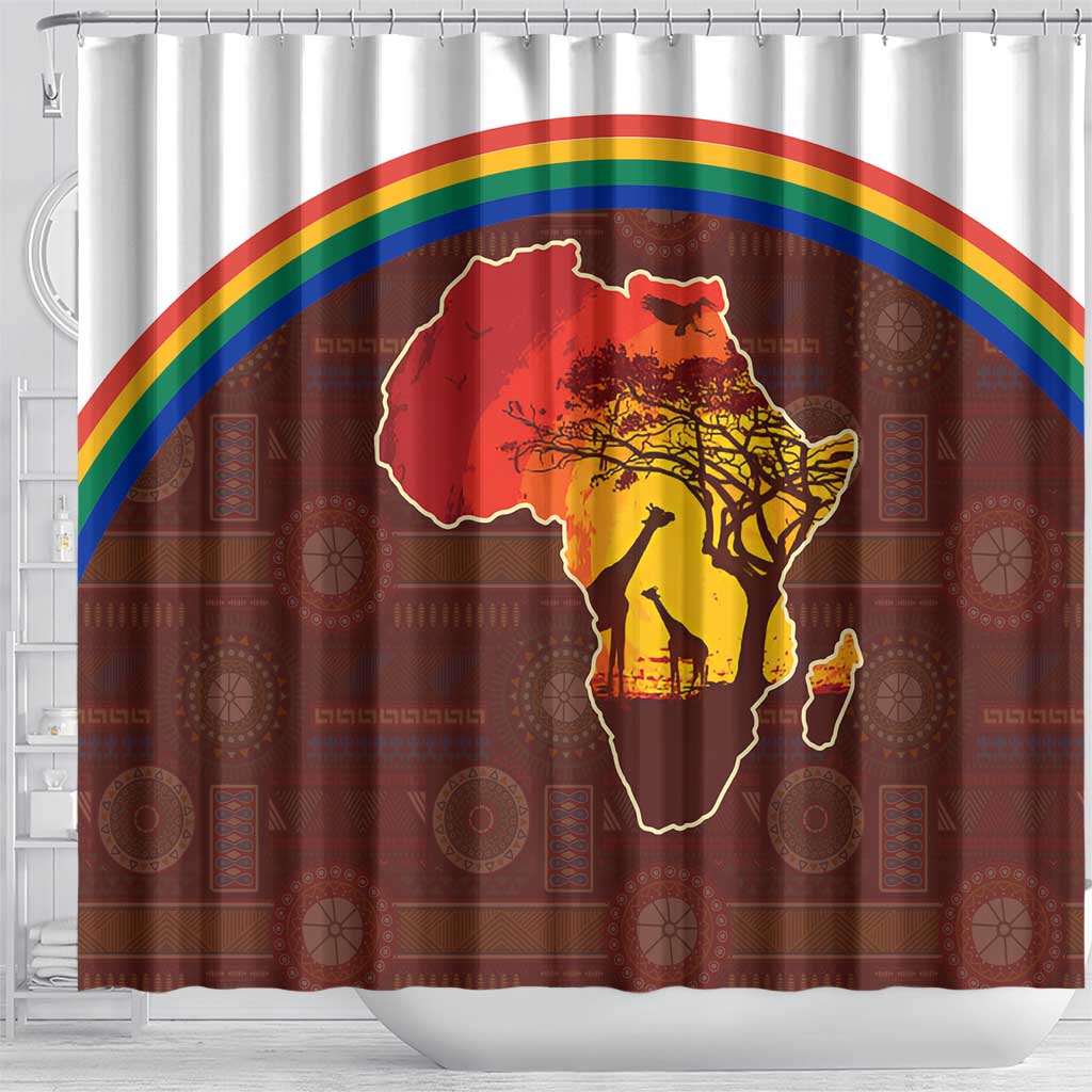 African Sunset Shower Curtain Tribal Pattern Continent Silhouette - Rainbow Arc Safari Scene