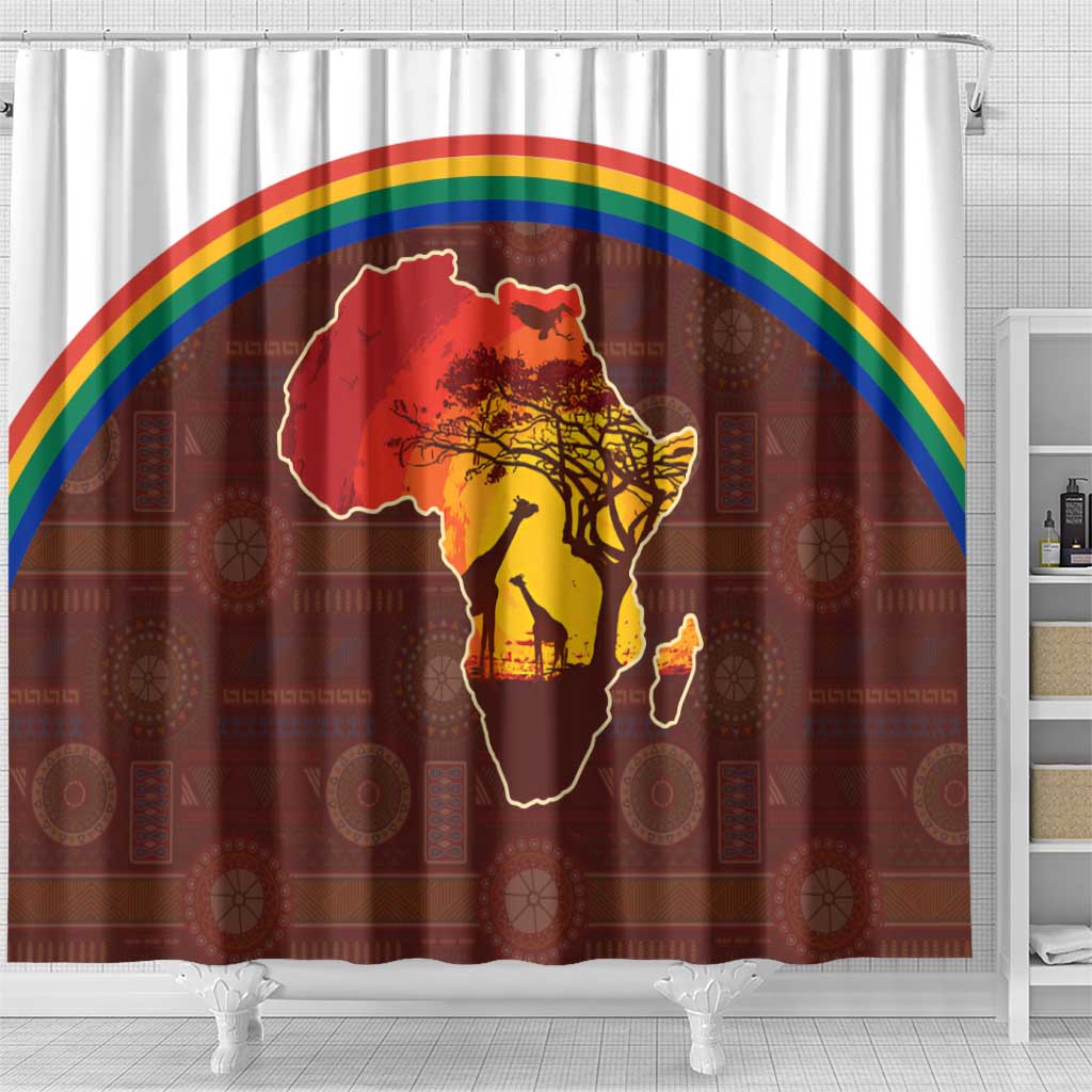 African Sunset Shower Curtain Tribal Pattern Continent Silhouette - Rainbow Arc Safari Scene