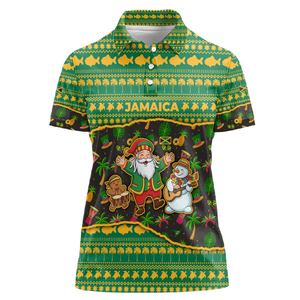 Jamaica Christmas Women Polo Shirt Rasta Santa Snowman Gingerbread Drummer Palm Trees - African Pride