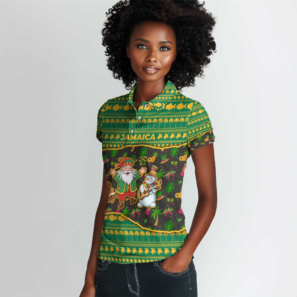 Jamaica Christmas Women Polo Shirt Rasta Santa Snowman Gingerbread Drummer Palm Trees - African Pride