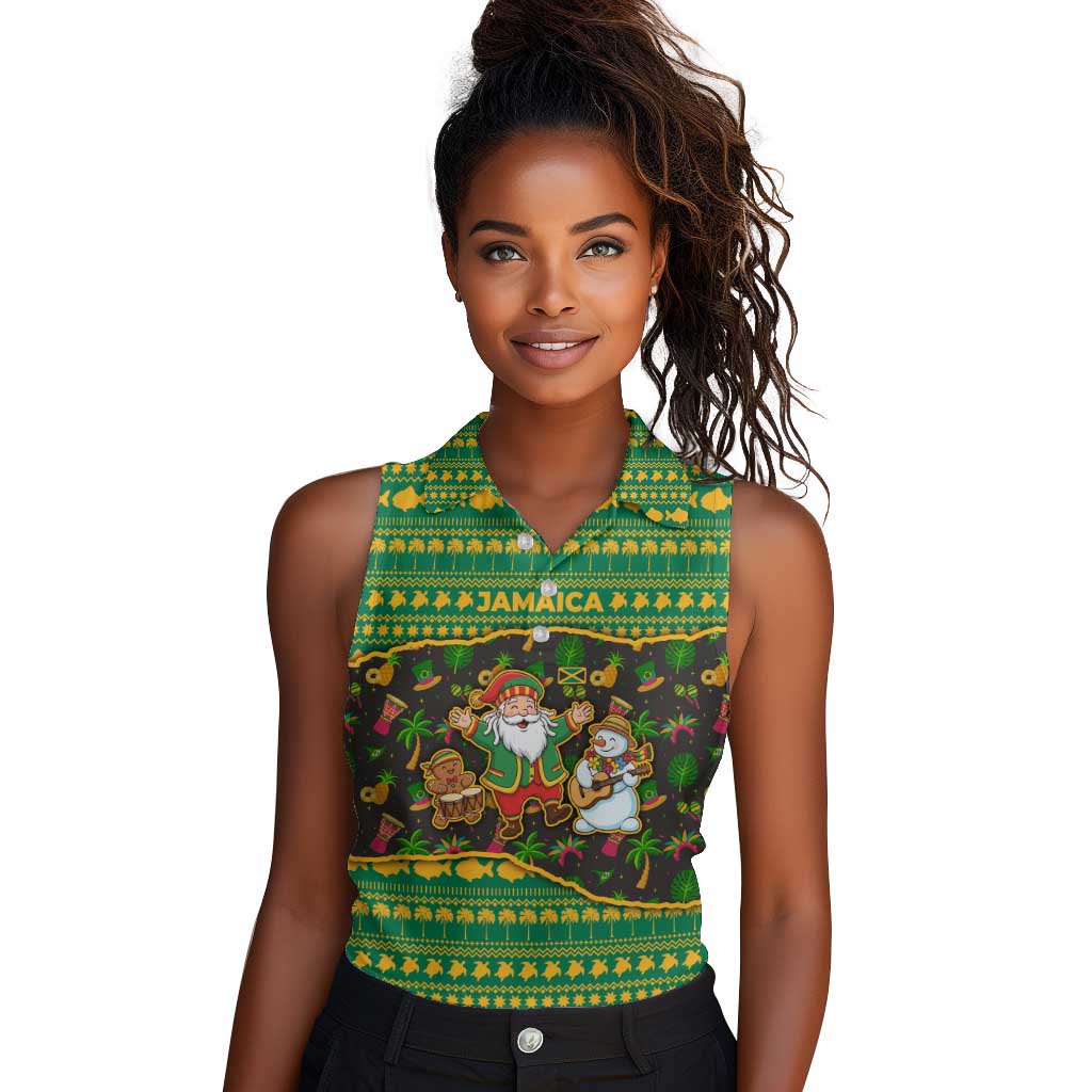 Jamaica Christmas Women Sleeveless Polo Shirt Rasta Santa Snowman Gingerbread Drummer Palm Trees - African Pride
