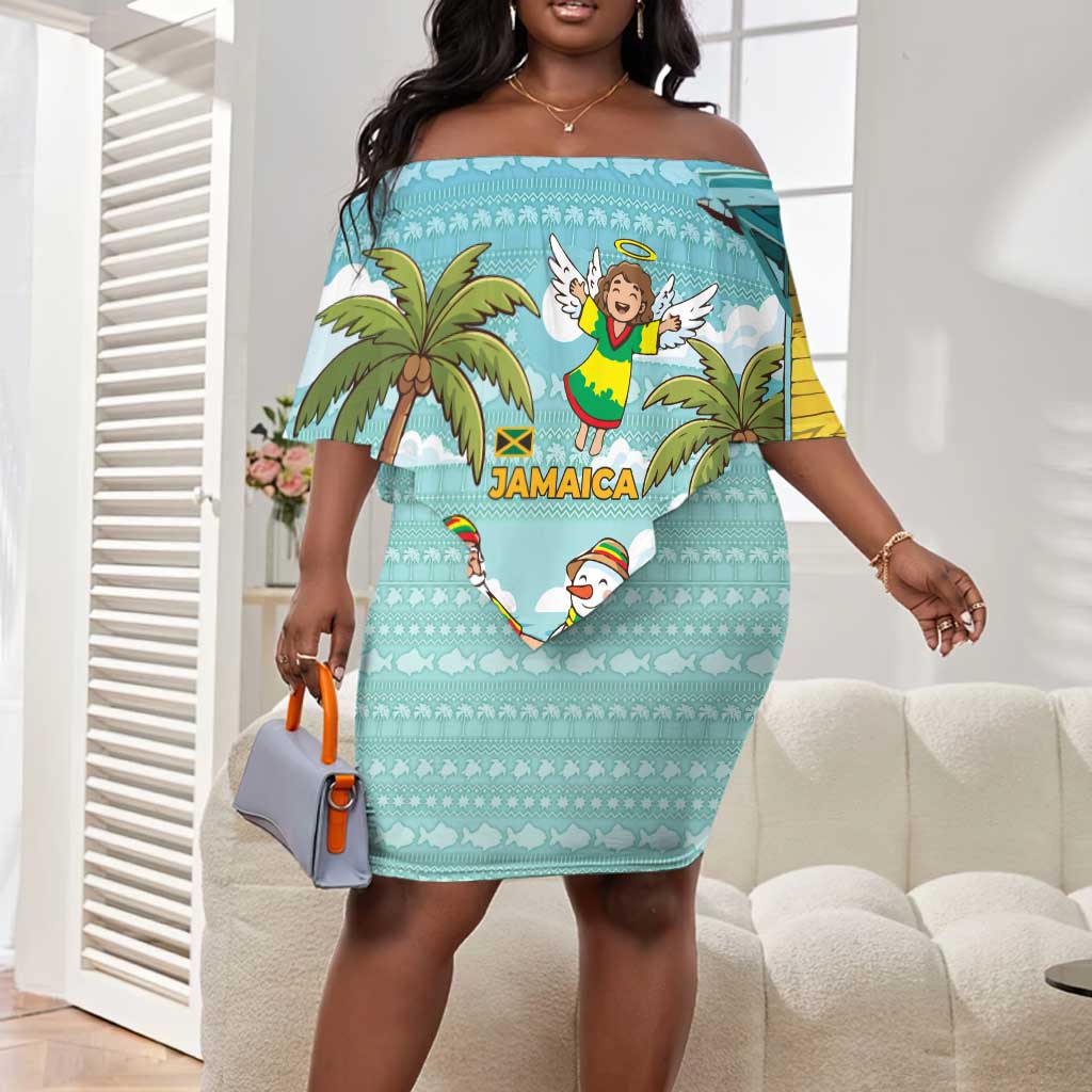 Jamaica Christmas Off Shoulder Short Dress Rasta Santa Snowman Hammock  Angel Palm Trees and Tropical Beach by African Pride