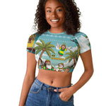 Jamaica Christmas Raglan Cropped T shirt Rasta Santa Snowman Hammock Angel Palm Trees and Tropical Beach - African Pride