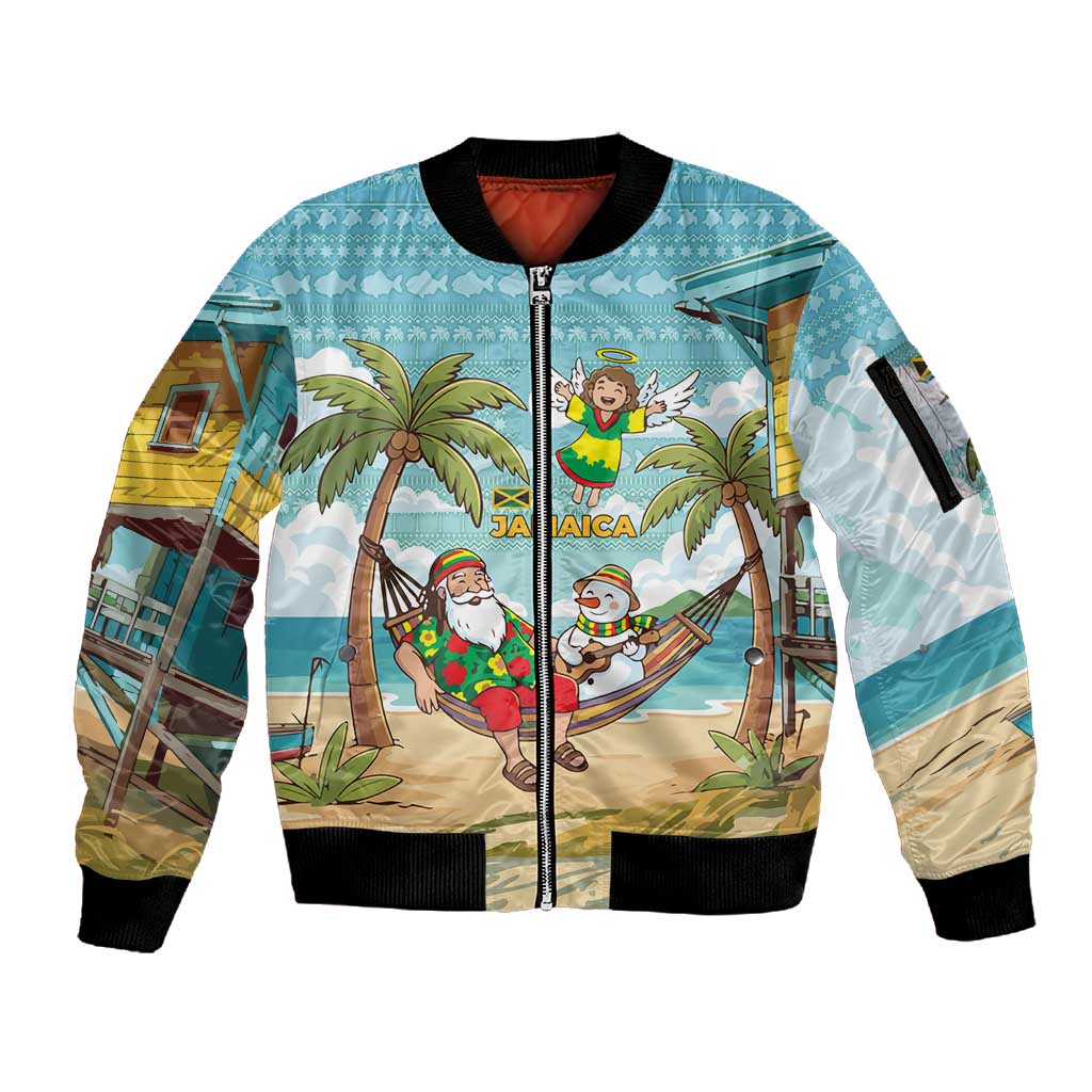 Jamaica Christmas Sleeve Zip Bomber Jacket Rasta Santa Snowman Hammock Angel Palm Trees and Tropical Beach - African Pride
