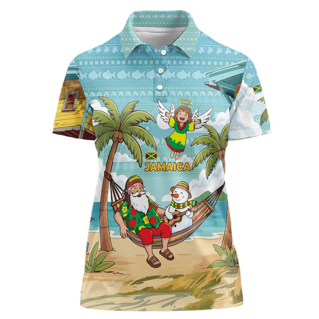 Jamaica Christmas Women Polo Shirt Rasta Santa Snowman Hammock Angel Palm Trees and Tropical Beach - African Pride