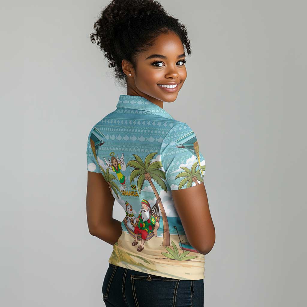 Jamaica Christmas Women Polo Shirt Rasta Santa Snowman Hammock Angel Palm Trees and Tropical Beach - African Pride