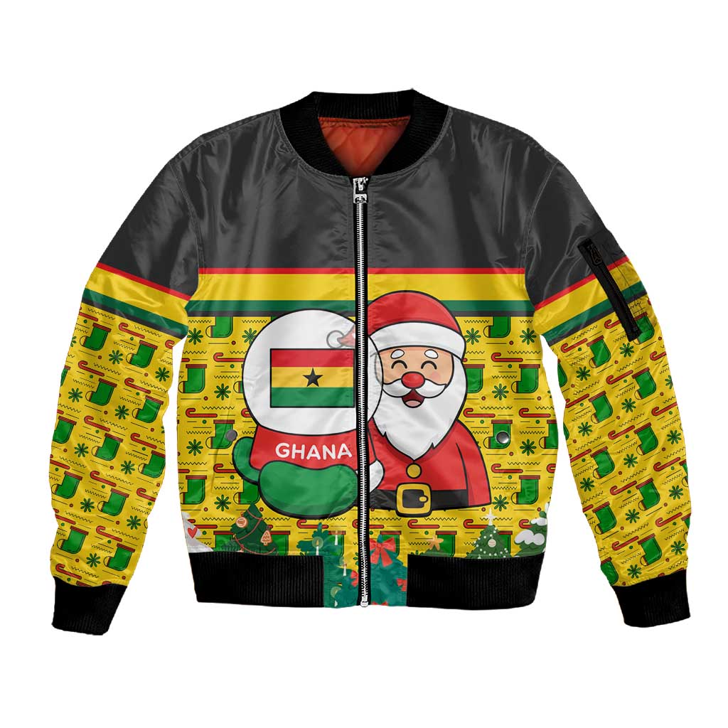 Ghana Christmas Sleeve Zip Bomber Jacket Santa Ornament National Coat of Arms and Festive - African Pride