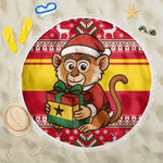 Ghana Christmas Beach Blanket Monkey Holding Gift Ghana Map and Festive - African Pride