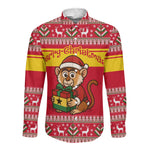 Ghana Christmas Long Sleeve Button Shirt Monkey Holding Gift Ghana Map and Festive - African Pride