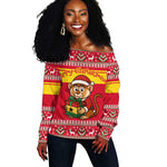 Ghana Christmas Off Shoulder Sweater Monkey Holding Gift Ghana Map and Festive - African Pride
