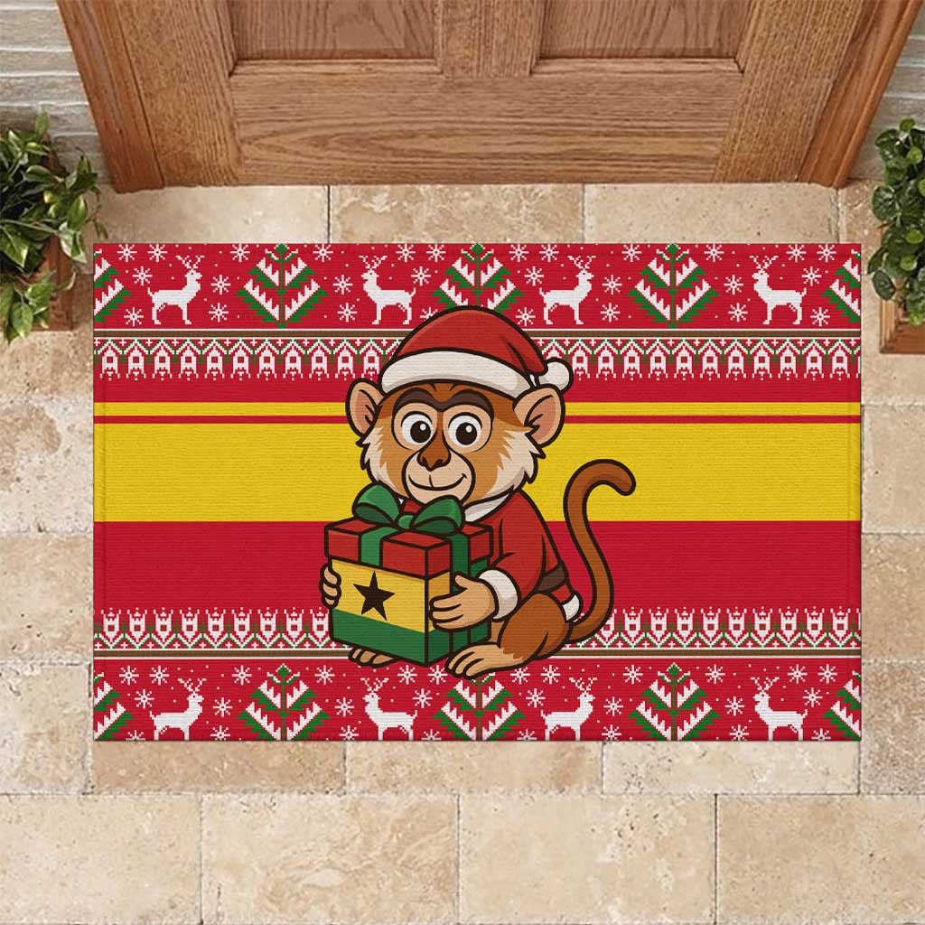 Ghana Christmas Rubber Doormat Monkey Holding Gift Ghana Map and Festive - African Pride