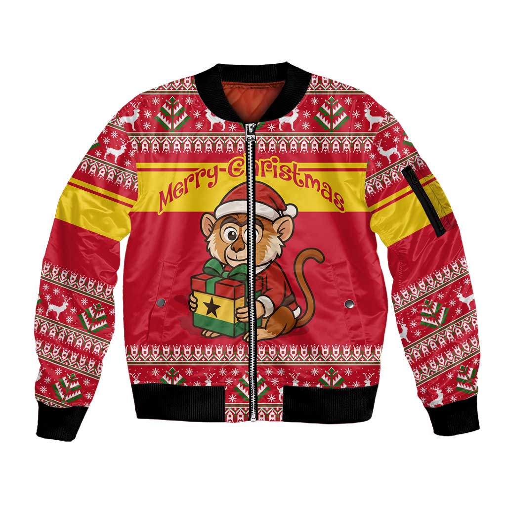 Ghana Christmas Sleeve Zip Bomber Jacket Monkey Holding Gift Ghana Map and Festive - African Pride