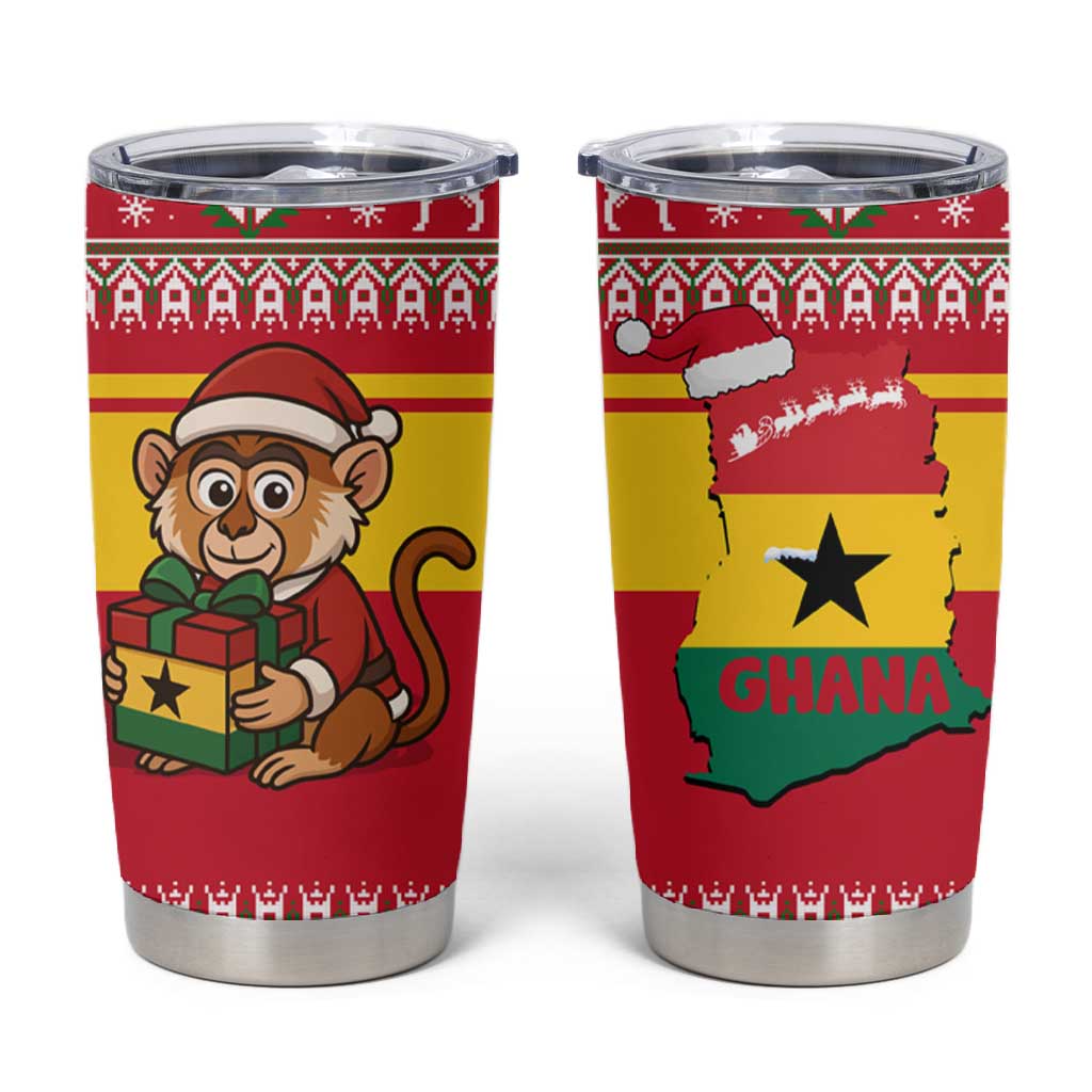 Ghana Christmas Tumbler Cup Monkey Holding Gift Ghana Map and Festive - African Pride
