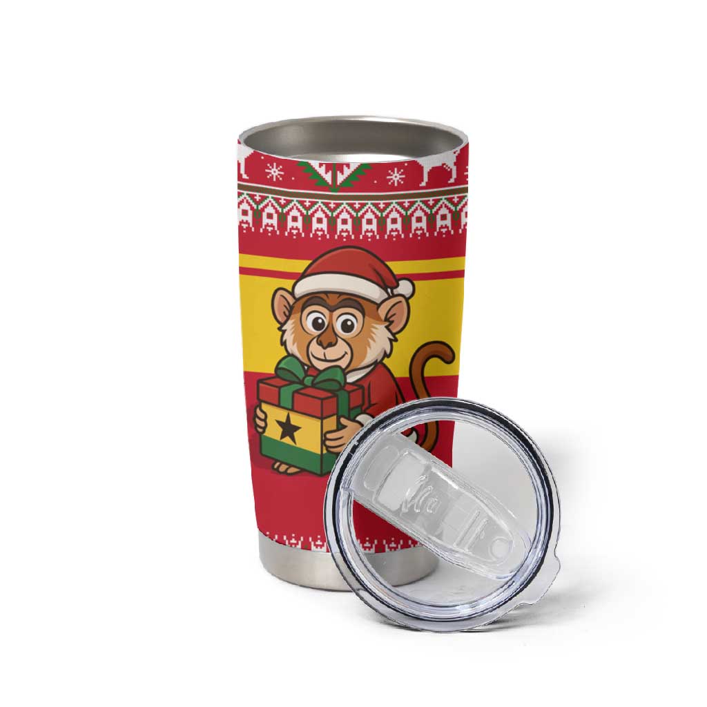 Ghana Christmas Tumbler Cup Monkey Holding Gift Ghana Map and Festive - African Pride