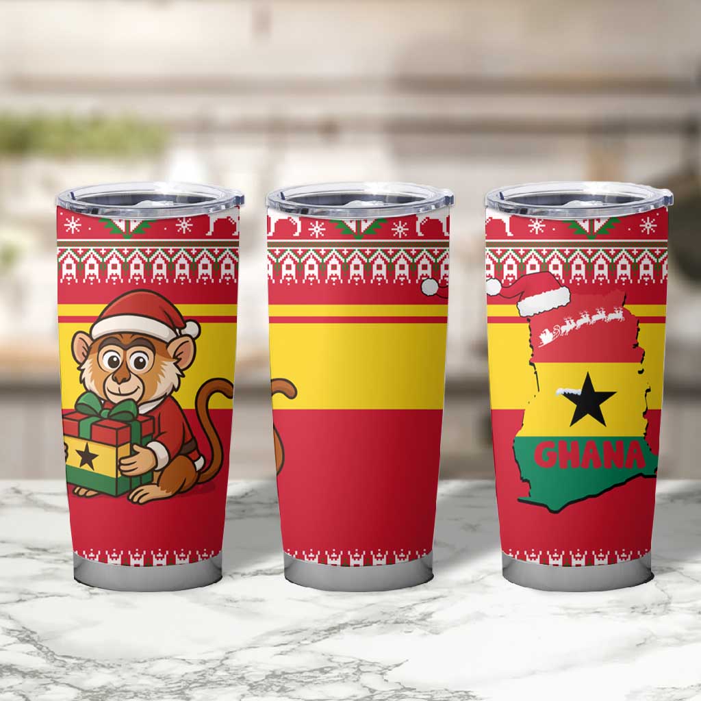 Ghana Christmas Tumbler Cup Monkey Holding Gift Ghana Map and Festive - African Pride