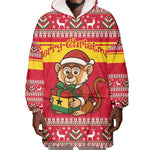 Ghana Christmas Wearable Blanket Hoodie Monkey Holding Gift Ghana Map and Festive - African Pride