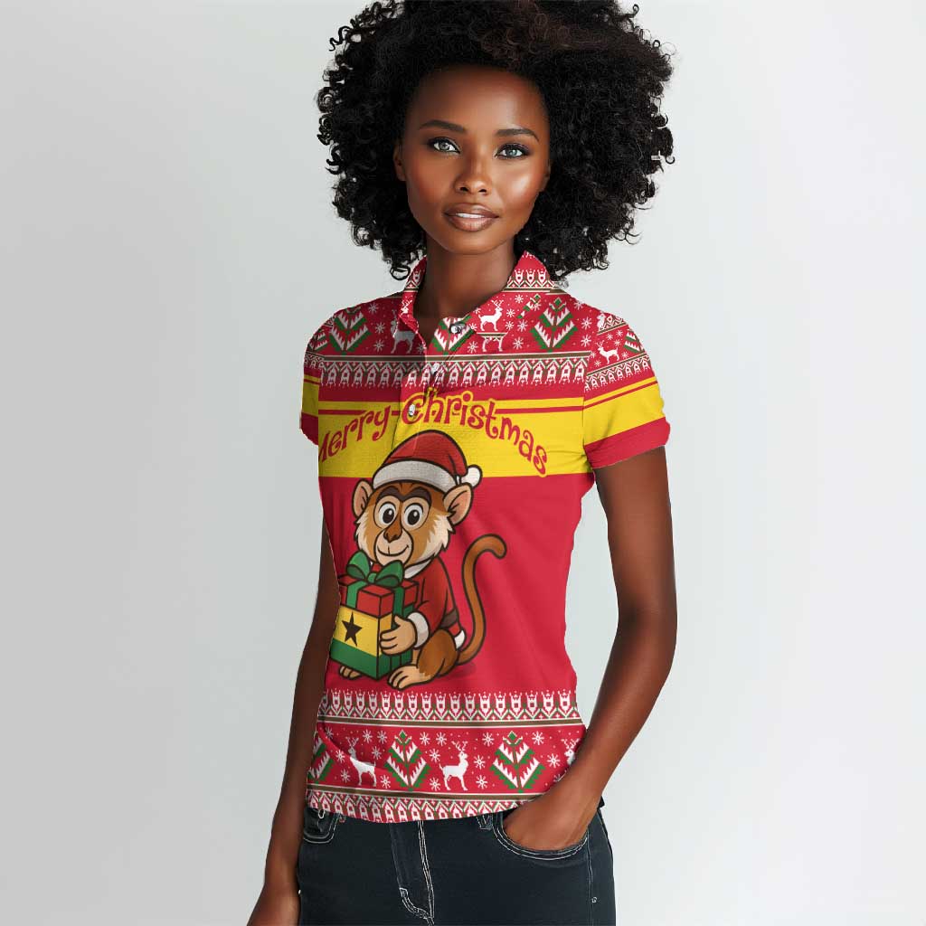 Ghana Christmas Women Polo Shirt Monkey Holding Gift Ghana Map and Festive - African Pride