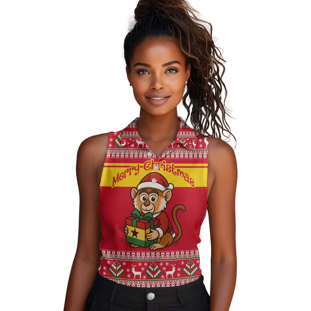 Ghana Christmas Women Sleeveless Polo Shirt Monkey Holding Gift Ghana Map and Festive - African Pride