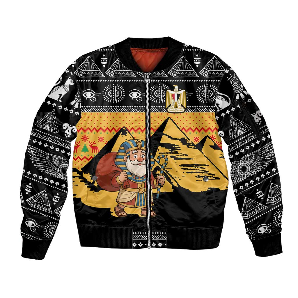 Egypt Christmas Sleeve Zip Bomber Jacket Pharaoh Santa Pyramids Eye of Horus and Ancient Egyptian - African Pride