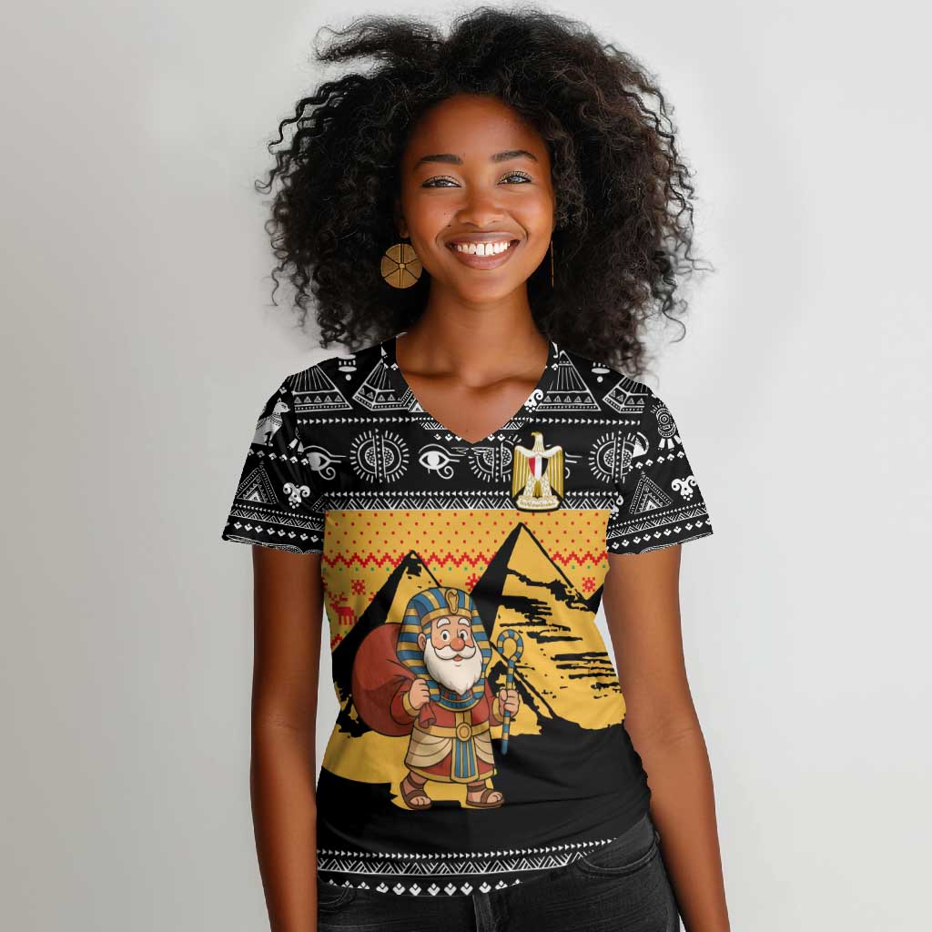 Egypt Christmas Women V-Neck T-Shirt Pharaoh Santa Pyramids Eye of Horus and Ancient Egyptian - African Pride