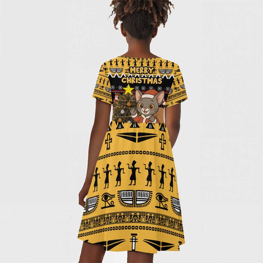 Egypt Christmas Kid Short Sleeve Dress Santa Cat Sleigh Reindeer Christmas Tree and Ancient Hieroglyphic - African Pride