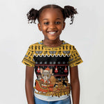 Egypt Christmas Kid T shirt Santa Cat Sleigh Reindeer Christmas Tree and Ancient Hieroglyphic - African Pride