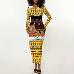 Egypt Christmas Long Sleeve Bodycon Dress Santa Cat Sleigh Reindeer Christmas Tree and Ancient Hieroglyphic - African Pride
