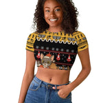 Egypt Christmas Raglan Cropped T shirt Santa Cat Sleigh Reindeer Christmas Tree and Ancient Hieroglyphic - African Pride