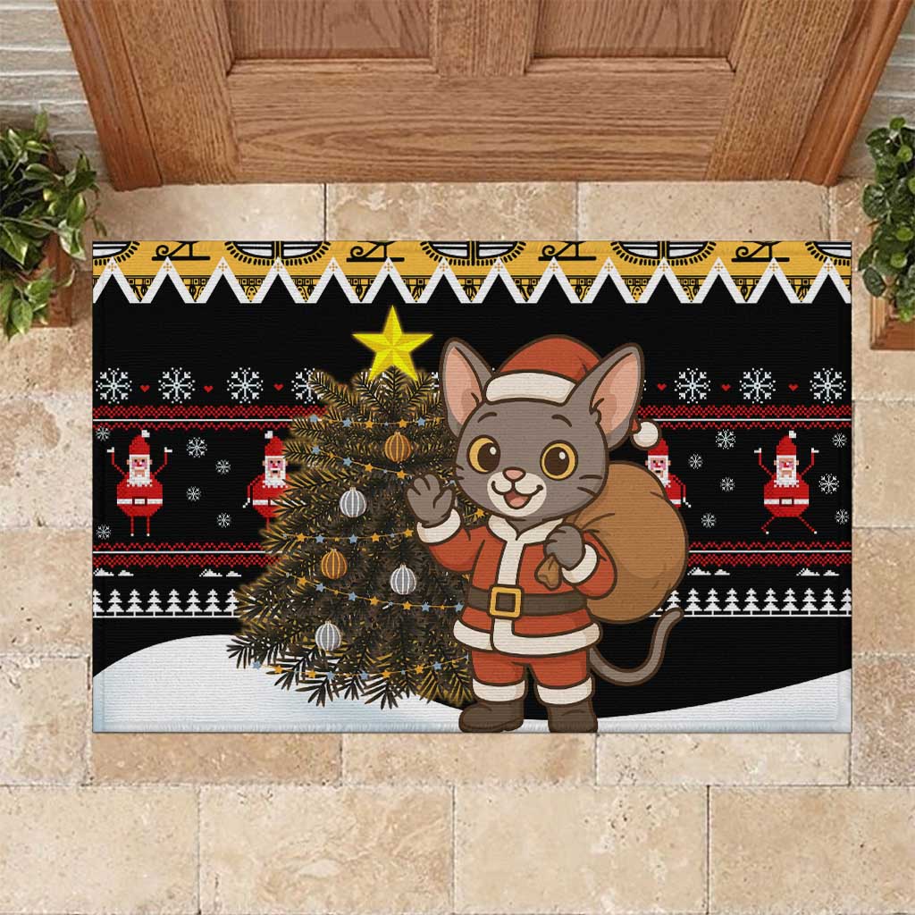 Egypt Christmas Rubber Doormat Santa Cat Sleigh Reindeer Christmas Tree and Ancient Hieroglyphic - African Pride