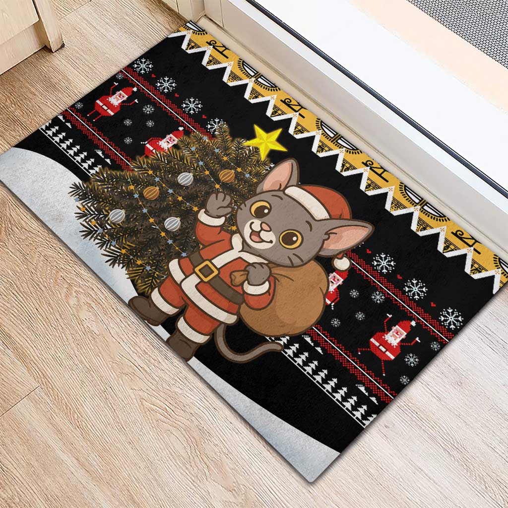 Egypt Christmas Rubber Doormat Santa Cat Sleigh Reindeer Christmas Tree and Ancient Hieroglyphic - African Pride